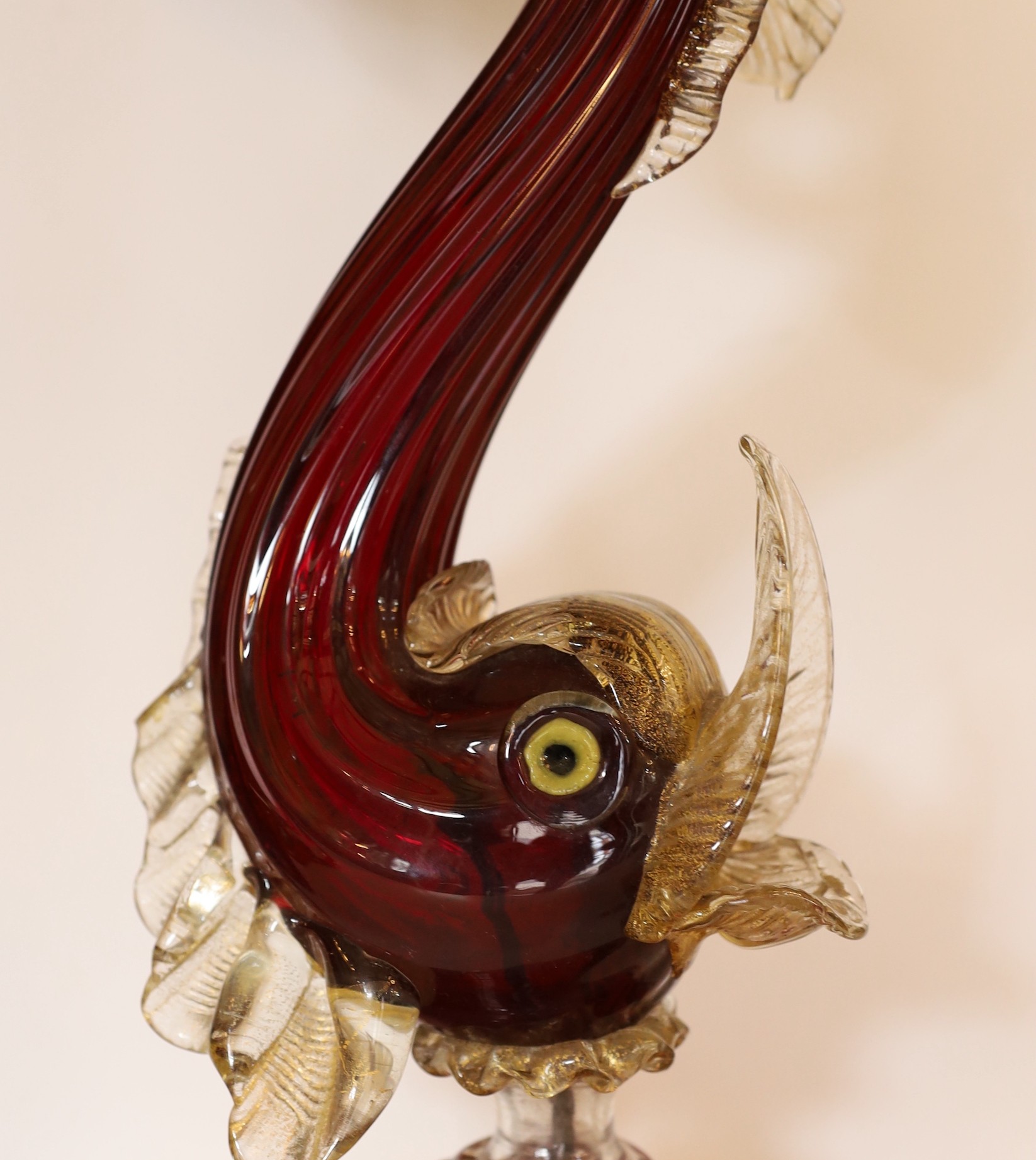 A 1930s Venetian ruby and gold glass dolphin table lamp, height 55cm